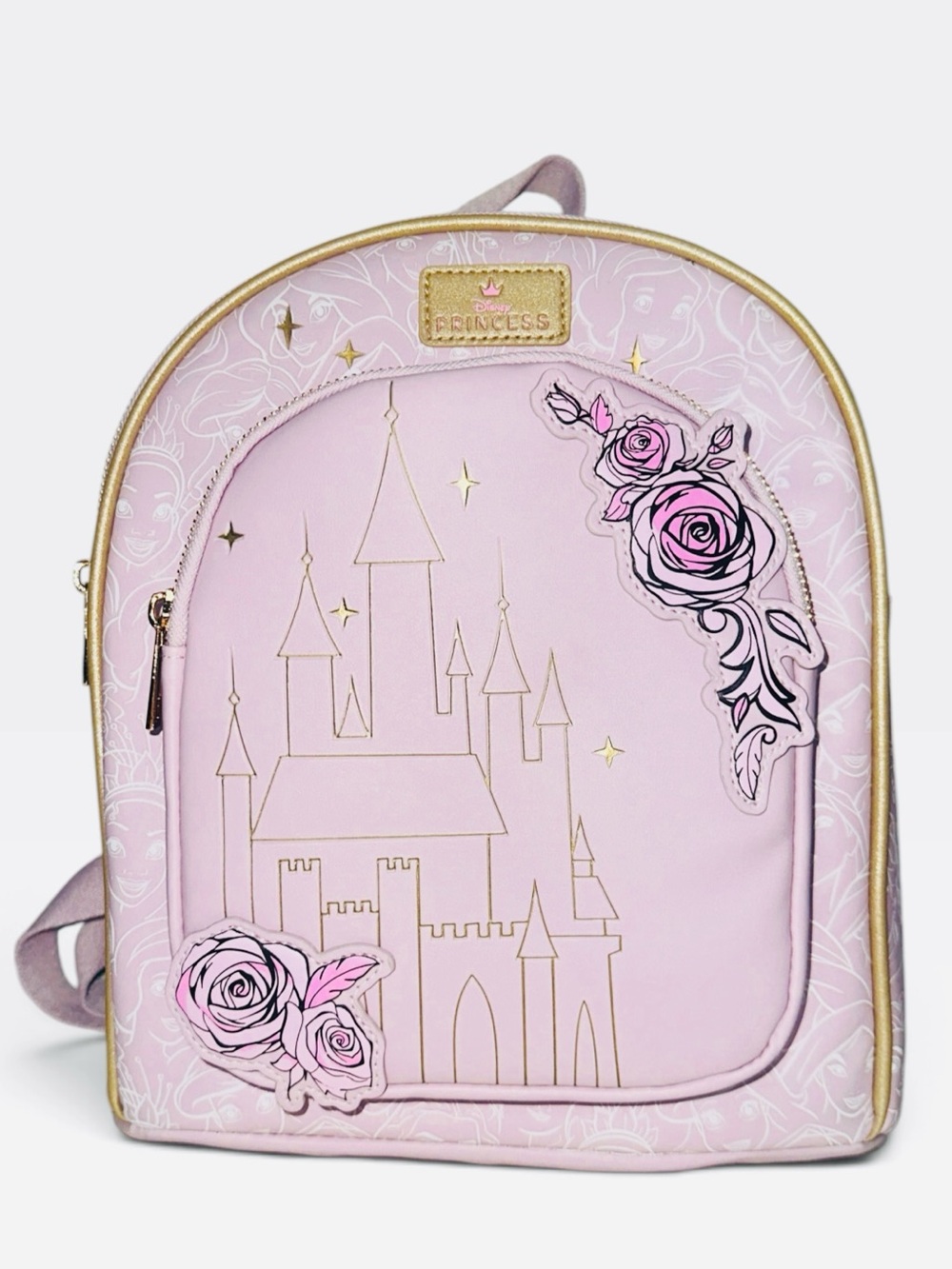 Disney Bioworld Princess Castle Flower Shimmer Lilac Gold Mini Backpack